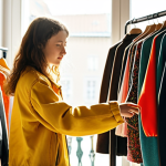 "A young woman browsing a rack of vintage clothes in a brightly lit second-hand store in Warsaw. Sunlight streams through the window. She's holding a unique, colorful upcycled jacket.  Focus on ethical fashion, sustainable consumption, and finding unique items.  Soft, diffused lighting.  Style: Realistic photography."**

**