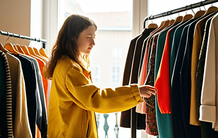 "A young woman browsing a rack of vintage clothes in a brightly lit second-hand store in Warsaw. Sunlight streams through the window. She's holding a unique, colorful upcycled jacket.  Focus on ethical fashion, sustainable consumption, and finding unique items.  Soft, diffused lighting.  Style: Realistic photography."**

**