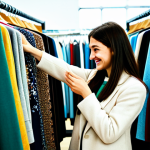 A young adult, fully clothed in modest, stylish attire, carefully browses through a diverse rack of vintage clothing in a brightly lit, welcoming second-hand store in Poland. A genuine smile of discovery is on their face as they hold up a unique, high-quality piece of clothing made from natural fibers. The background shows blurred racks of clothing, suggesting abundance. Perfect anatomy, correct proportions, natural pose, well-formed hands, proper finger count, natural body proportions. Professional photography, high quality, realistic rendering, safe for work, appropriate content, fully clothed, modest clothing, family-friendly.