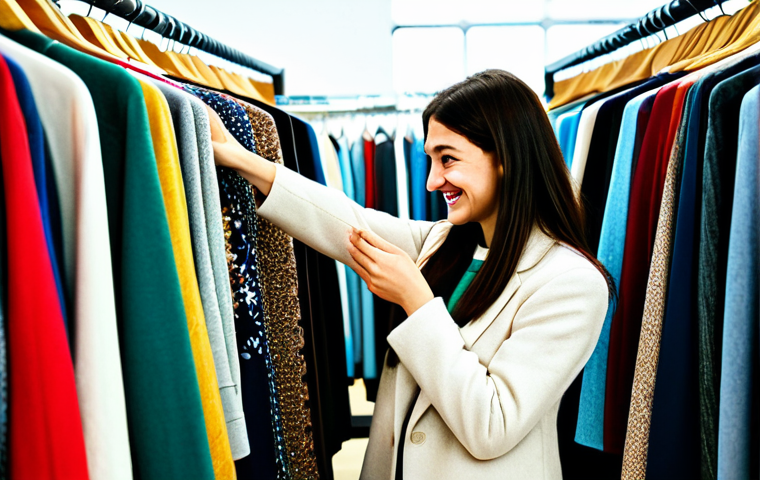 A young adult, fully clothed in modest, stylish attire, carefully browses through a diverse rack of vintage clothing in a brightly lit, welcoming second-hand store in Poland. A genuine smile of discovery is on their face as they hold up a unique, high-quality piece of clothing made from natural fibers. The background shows blurred racks of clothing, suggesting abundance. Perfect anatomy, correct proportions, natural pose, well-formed hands, proper finger count, natural body proportions. Professional photography, high quality, realistic rendering, safe for work, appropriate content, fully clothed, modest clothing, family-friendly.