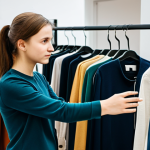 A young adult woman from Poland, with a thoughtful and empowered expression, examining high-quality, pre-owned garments on a well-organized display rack in a modern, brightly lit second-hand boutique. She is dressed in a modest and professional long-sleeved top and dark trousers, fully clothed, appropriate attire. The background shows blurred, neatly arranged racks of clothing, suggesting a curated selection. The overall mood is positive and conscious. Perfect anatomy, correct proportions, natural pose, well-formed hands, proper finger count, natural body proportions. Safe for work, appropriate content, fully clothed, modest, professional photography, high-quality.
