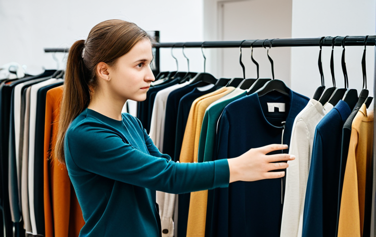 A young adult woman from Poland, with a thoughtful and empowered expression, examining high-quality, pre-owned garments on a well-organized display rack in a modern, brightly lit second-hand boutique. She is dressed in a modest and professional long-sleeved top and dark trousers, fully clothed, appropriate attire. The background shows blurred, neatly arranged racks of clothing, suggesting a curated selection. The overall mood is positive and conscious. Perfect anatomy, correct proportions, natural pose, well-formed hands, proper finger count, natural body proportions. Safe for work, appropriate content, fully clothed, modest, professional photography, high-quality.